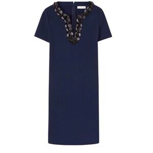 Tory Burch Ayla Embellished-Neck Ponte Dress in Navy Blue NWT $398 XS